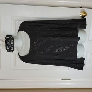 Decaf 1X Black Blouse with Sequin Pattern Long Sleeves with Ruffles